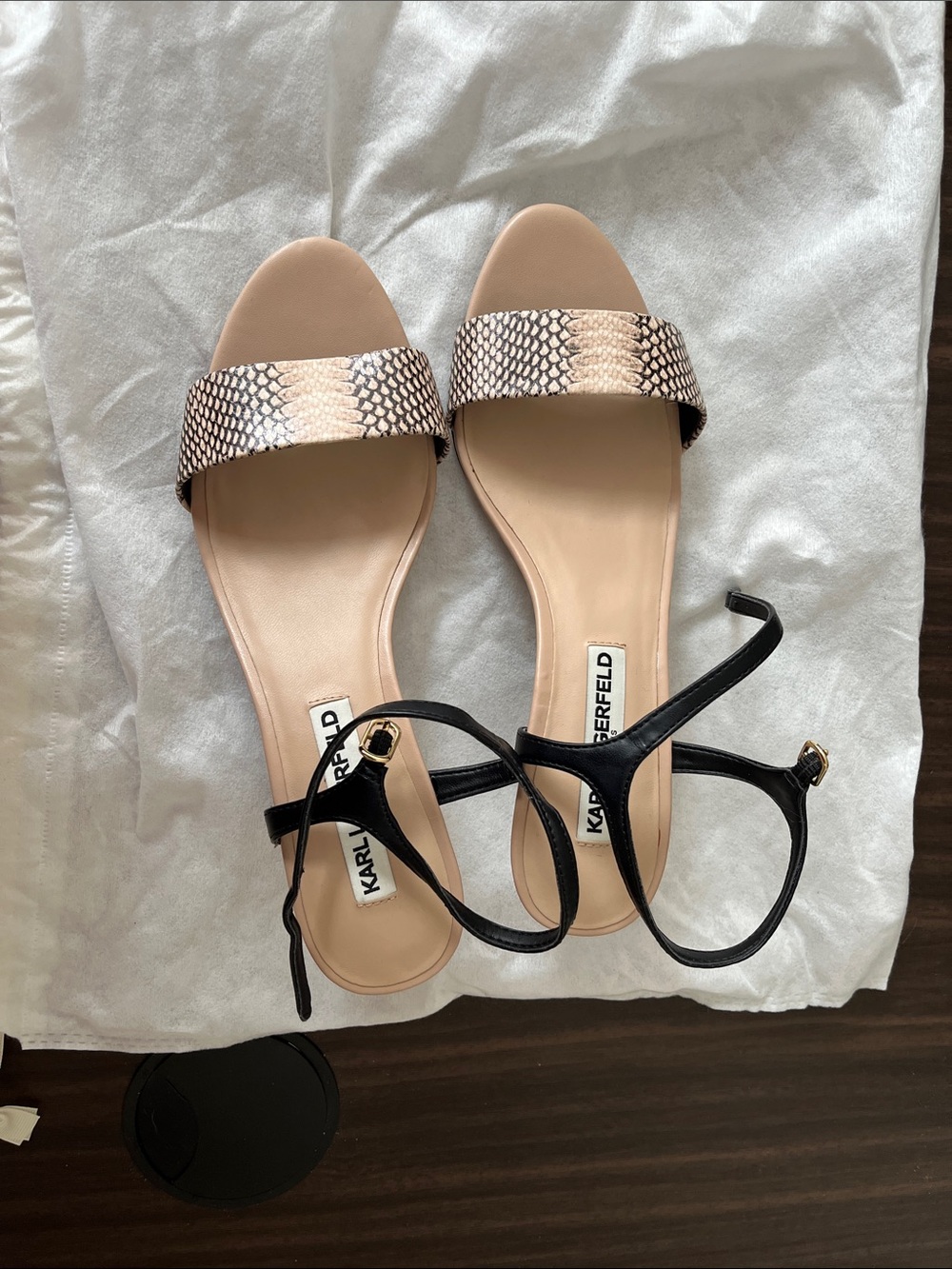 Karl Lagerfeld Nude & Black Snake-Print Ankle-Strap Sandals